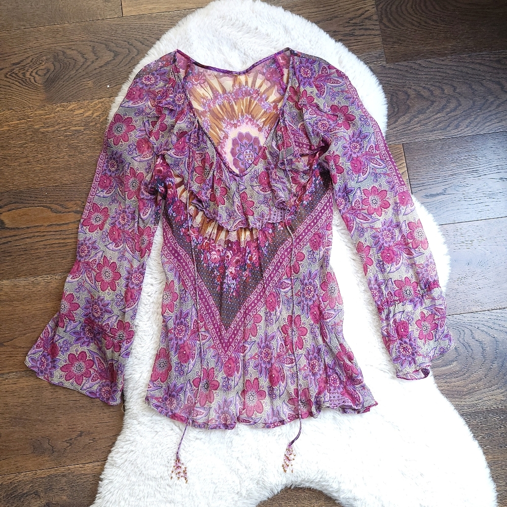 Vintage Y2K Boho Fairy Hankerchief Silk Patchwork Floral Paisley Beaded Blouse